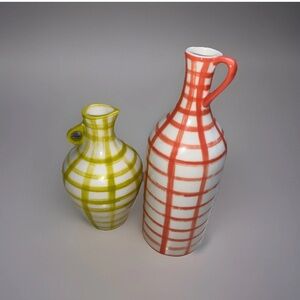 Anthropologie Hand Painted Set of 2 Bud Vases Yellow Orange Checkered